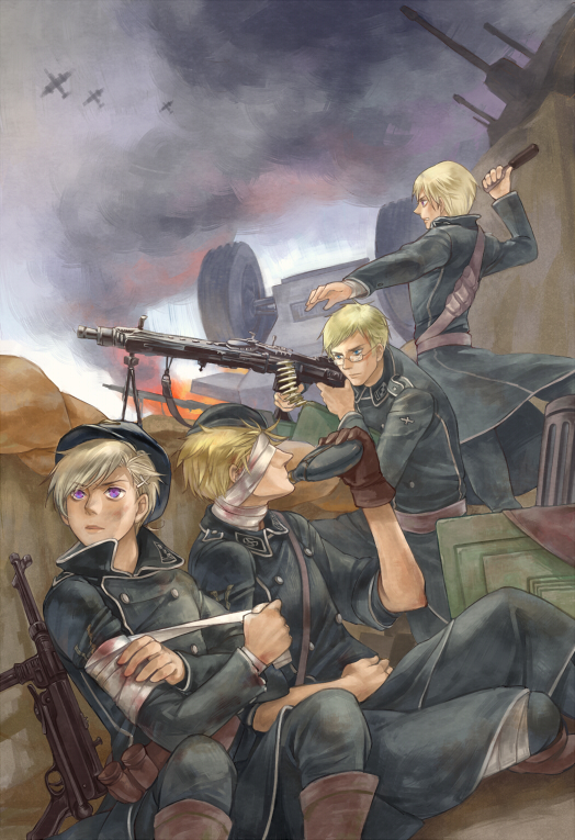 assault_rifle, axis_powers_hetalia, bandage, bandages, blonde_hair, blue_eyes, boots, denmark_(hetalia)