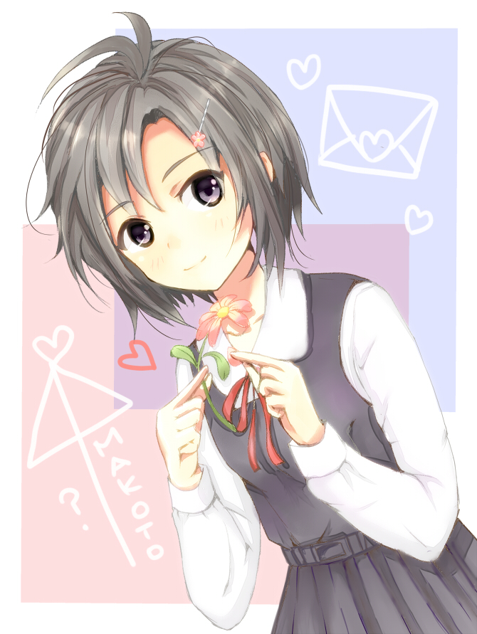 antenna_hair, belt, black_hair, dress, dutch_angle, flower, hair_ornament, hairpin