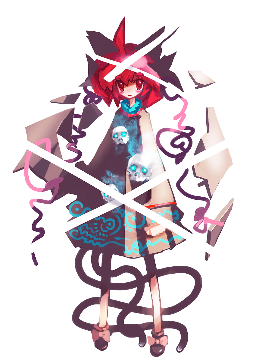 animal_ears, bow, cat_ears, cat_tail, glowing, glowing_eyes, highres, kaenbyou_rin, multiple_tails, red_eyes, red_hair, redhead, ribbon, short_hair, skull, tail, tanaka_ken'ichi, tanaka_kenichi, touhou, transparent_background