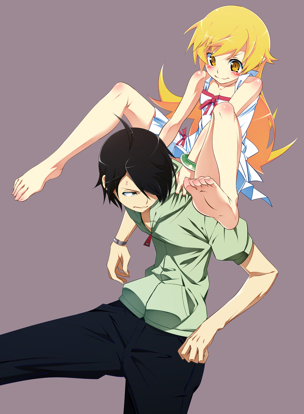 1girl, araragi_koyomi, barefoot, black_hair, blonde_hair, blush, bracelet, carrying