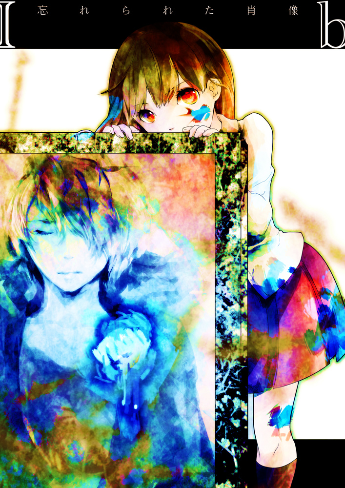 1girl, blue_rose, brown_hair, closed_eyes, coat, eve_(ib), eyes_closed, flower