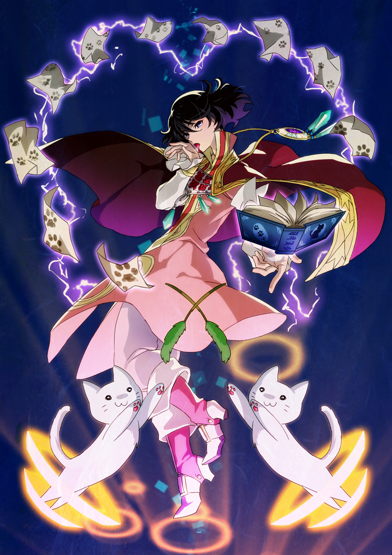 :3, black_eyes, black_hair, blue_background, book, boots, cape, cat