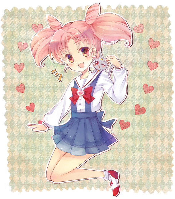 argyle, argyle_background, bishoujo_senshi_sailor_moon, bow, cat, cat_on_shoulder, chibi_usa, child