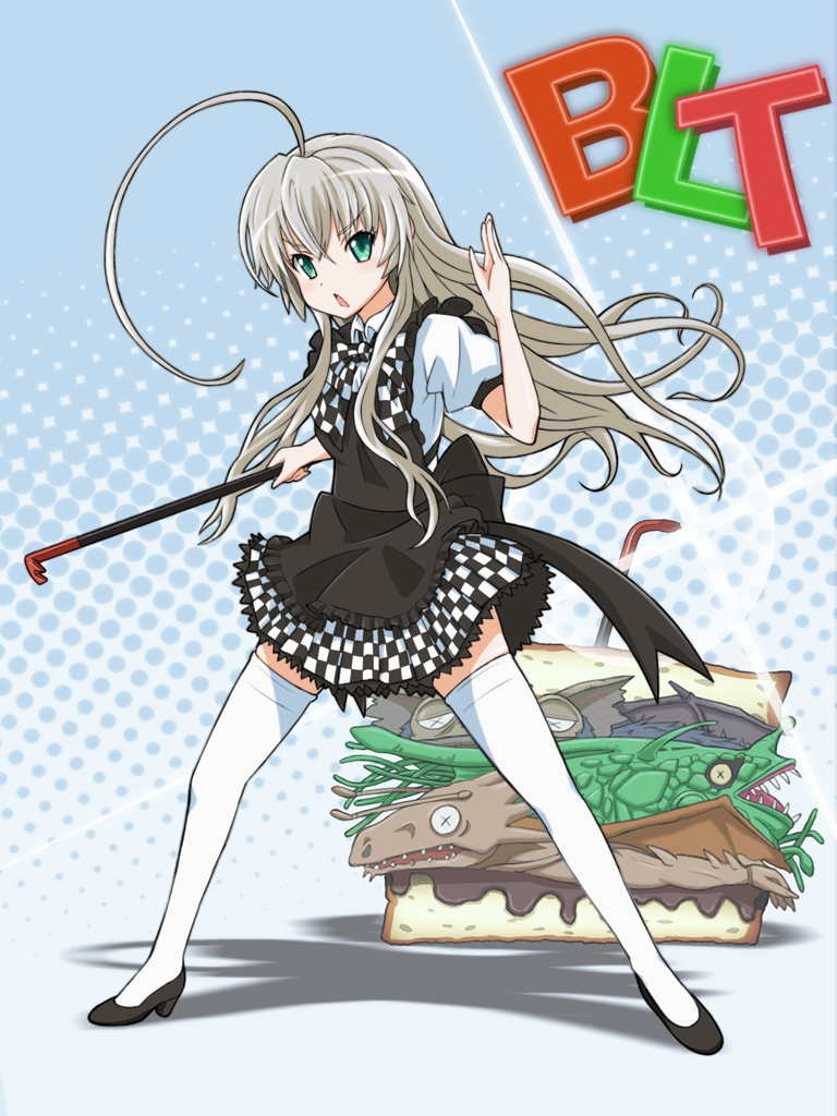 ahoge, bad_food, byakhee, checkered, checkered_skirt, crowbar, cthulhu_mythos, green_eyes