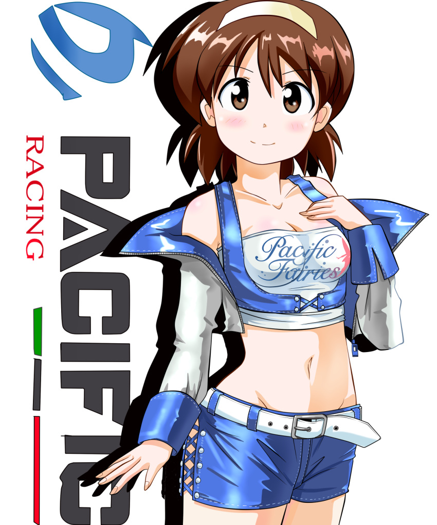 belt, blush, brown_eyes, brown_hair, hairband, highres, midriff, nagatsuki_sanae