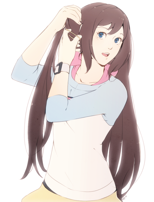 adjusting_hair, blue_eyes, bow, brown_hair, cowboy_shot, female_protagonist_(pokemon_bw2), long_hair, mei_(pokemon)
