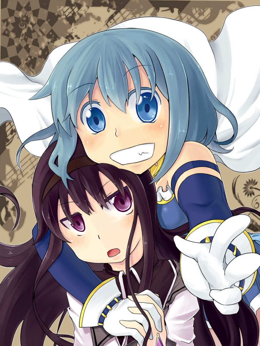 akemi_homura, armband, black_hair, blue_eyes, blue_hair, cape, gloves, grin, hairband, hand_holding, hands_clasped, happy, highres, holding_hands, long_hair, looking_at_viewer, mahou_shoujo_madoka_magica, meriibe, miki_sayaka, multiple_girls, purple_eyes, short_hair, smile, violet_eyes
