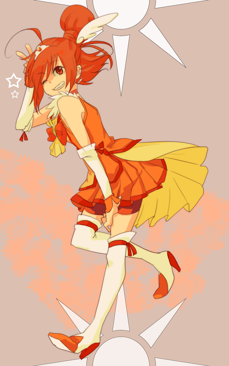 bike_shorts, boots, choker, cure_sunny, dress, gloves, grey_background, grin