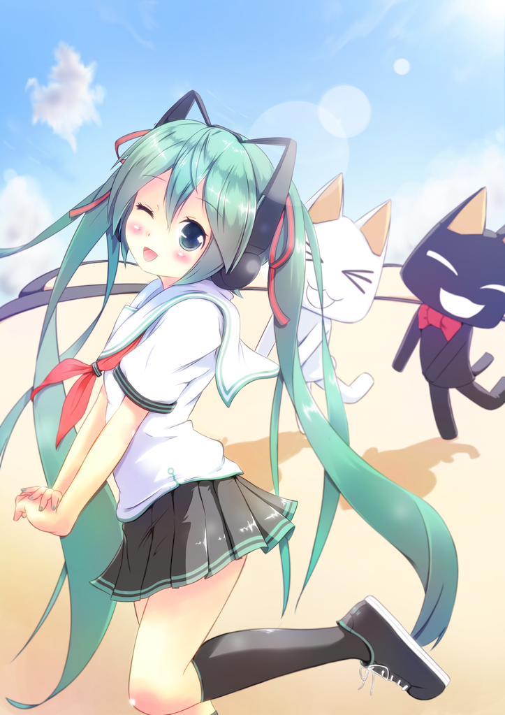 doko_demo_issho, green_eyes, green_hair, hatsune_miku, headphones, inoue_toro, kakashi, kneehighs