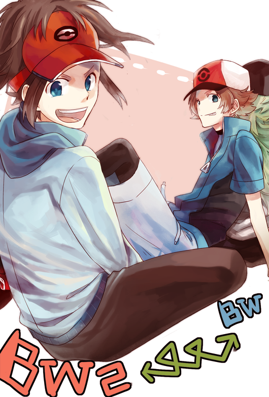back-to-back, baseball_cap, blue_eyes, brown_hair, cosplay, costume_switch, green_hair, grin
