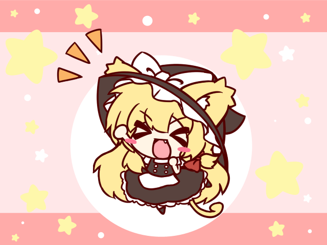>_<, arm_up, blonde_hair, blush_stickers, bow, chibi, clenched_hands, closed_eyes