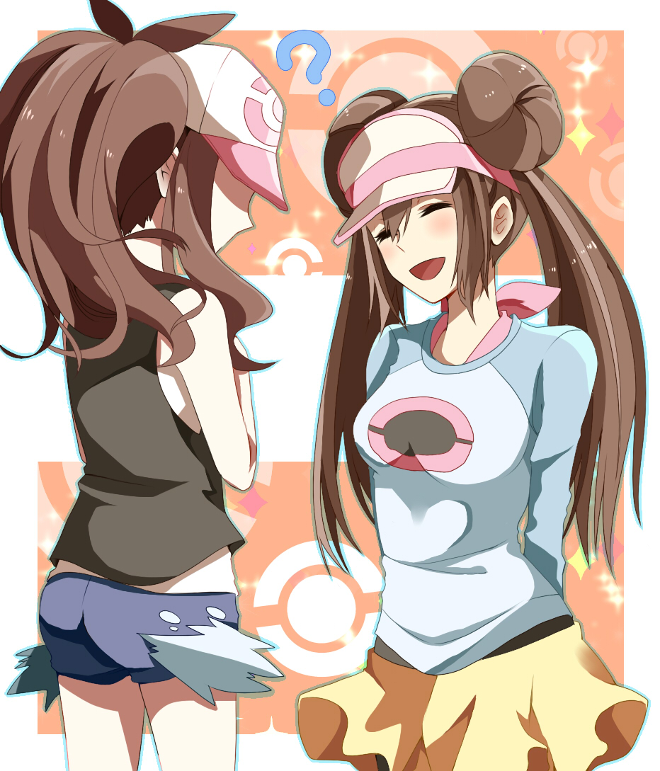 ?, bare_shoulders, baseball_cap, breast_envy, breasts, brown_hair, closed_eyes, double_bun, eyes_closed, female_protagonist_(pokemon_bw2), hat, long_hair, mei_(pokemon), multiple_girls, pantyhose, pokemon, pokemon_(game), pokemon_bw, pokemon_bw2, ponytail, raglan_sleeves, shorts, siromiso23, skirt, smile, touko_(pokemon), twintails, vest, visor_cap
