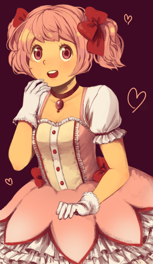 bubble_skirt, choker, dress, flat_chest, gloves, hand_to_mouth, heart, jewelry