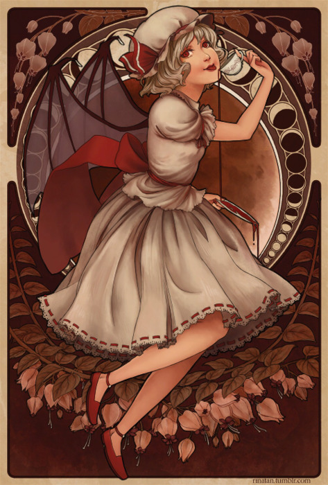 alphonse_mucha, alternate_hair_color, art_nouveau, bad_wings, bat_wings, blood, crescent_moon, cup