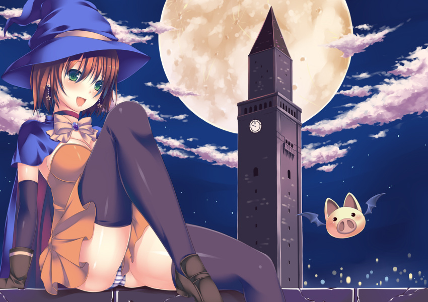 1girl, :d, alice_wishheart, black_legwear, bow, breasts, brown_hair, cape