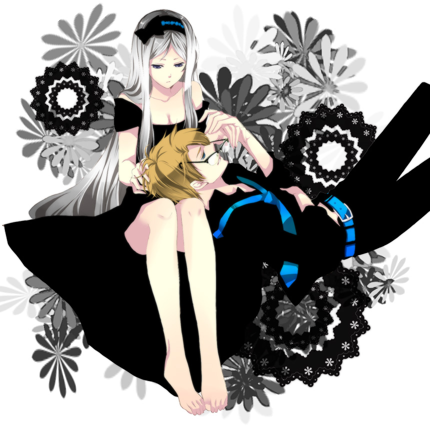 1girl, america_(hetalia), axis_powers_hetalia, bare_shoulders, barefoot, belarus_(hetalia), belt, black_dress, blonde_hair, blue_eyes, bow, breasts, cleavage, couple, dress, dress_shirt, feet, flower, glasses, hair_bow, hairband, lap_pillow, legs, long_hair, lying, necktie, removing_glasses, shirt, silver_hair, sitting, suzushiro, unbuttoned