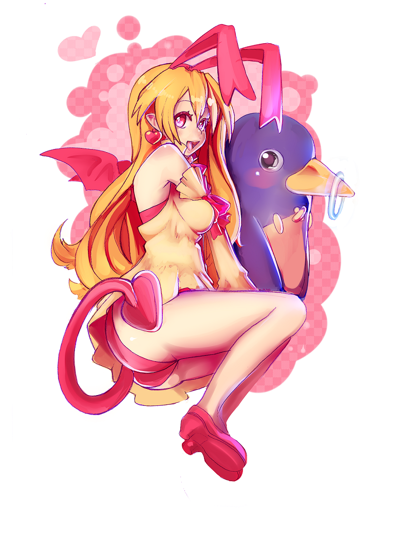 :d, adult, animal_ears, blonde_hair, bunny_ears, bunnysuit, demon_tail, detached_sleeves, devil, disgaea, earrings, flonne, flonne_(fallen_angel), heart, heart_earrings, heart_tail, jewelry, long_hair, milkteamaid, open_mouth, pink_eyes, pointy_ears, prinny, rabbit_ears, smile, tail