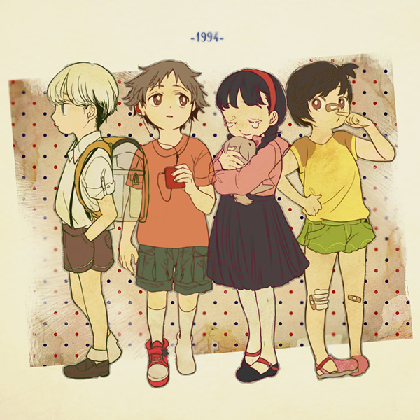 2girls, amagi_yukiko, backpack, bag, bandage, bandages, bandaid, black_hair, brown_eyes, brown_hair, bunny, cargo_shorts, closed_eyes, digital_media_player, earbuds, earphones, eyes_closed, footwear, grey_eyes, grey_hair, hanamura_yousuke, hand_on_hip, hands_in_pockets, hips, kamimon, kneehighs, looking_at_viewer, looking_away, multiple_boys, multiple_girls, narukami_yuu, o3o, pantyhose, persona, persona_4, ponytail, rabbit, randoseru, satonaka_chie, see-through, shoes, short_hair, shorts, single_shoe, skirt, socks, standing, suspenders, sweater, t-shirt, tears, tomboy, young