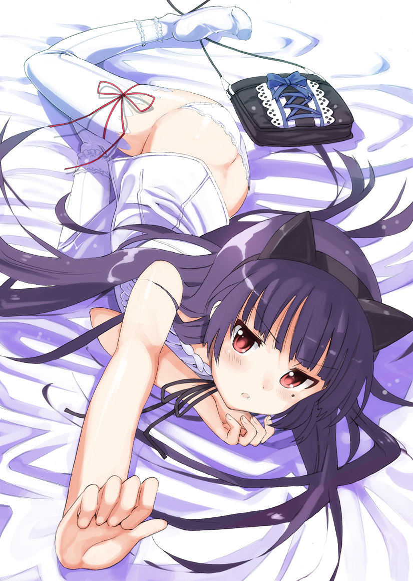 animal_ears, bed_sheet, black_hair, blush, butt_crack, face, fake_animal_ears, folded_clothes, foreshortening, gokou_ruri, hands, long_hair, lying, metallican, mole, on_side, on_stomach, ore_no_imouto_ga_konna_ni_kawaii_wake_ga_nai, panties, purple_hair, red_eyes, solo, thigh-highs, thighhighs, underwear, white_legwear, white_panties