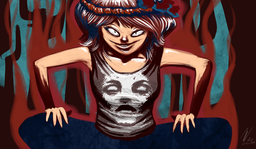 1girl, hair_ornament, jncarvalho, shirt, solo, touhou, yasaka_kanako