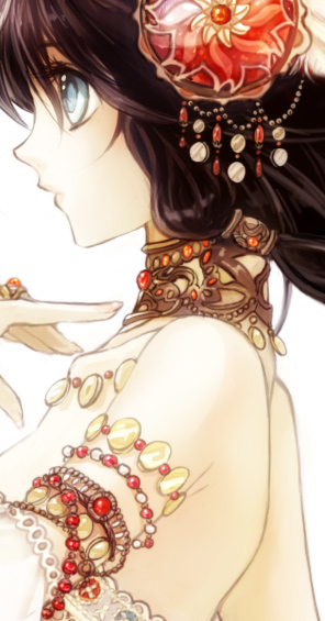 arm_up, armlet, bare_shoulders, black_hair, blue_eyes, collar, fingernails, hair_ornament