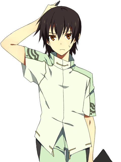 alternate_costume, arm_up, black_hair, brown_eyes, jude_mathis, male, pants, solo