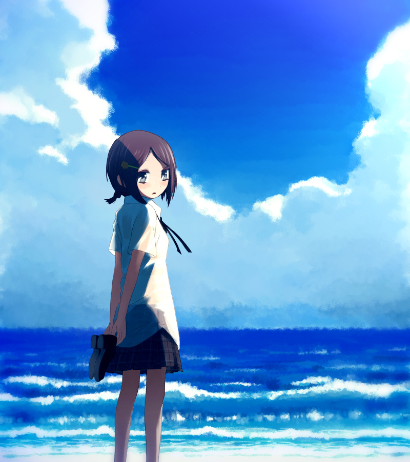 arms_behind_back, bangs, bare_legs, blue, blue_background, blush, brown_hair, cloud