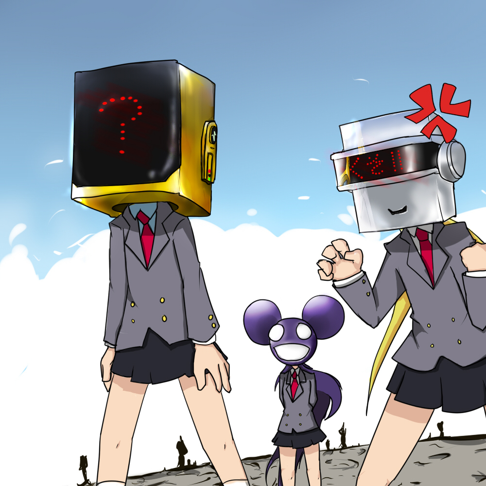 ?, anger_vein, blazer, blonde_hair, cosplay, daft_punk, deadmau5, deadmou5, goshiki_agiri, guy_manuel_de_homemchristo, guy_manuel_de_homemchristo_(cosplay), kill_me_baby, multiple_girls, oribe_yasuna, purple_hair, rainbow_smoke, school_uniform, skirt, sonya_(kill_me_baby), thomas_bangalter, thomas_bangalter_(cosplay)
