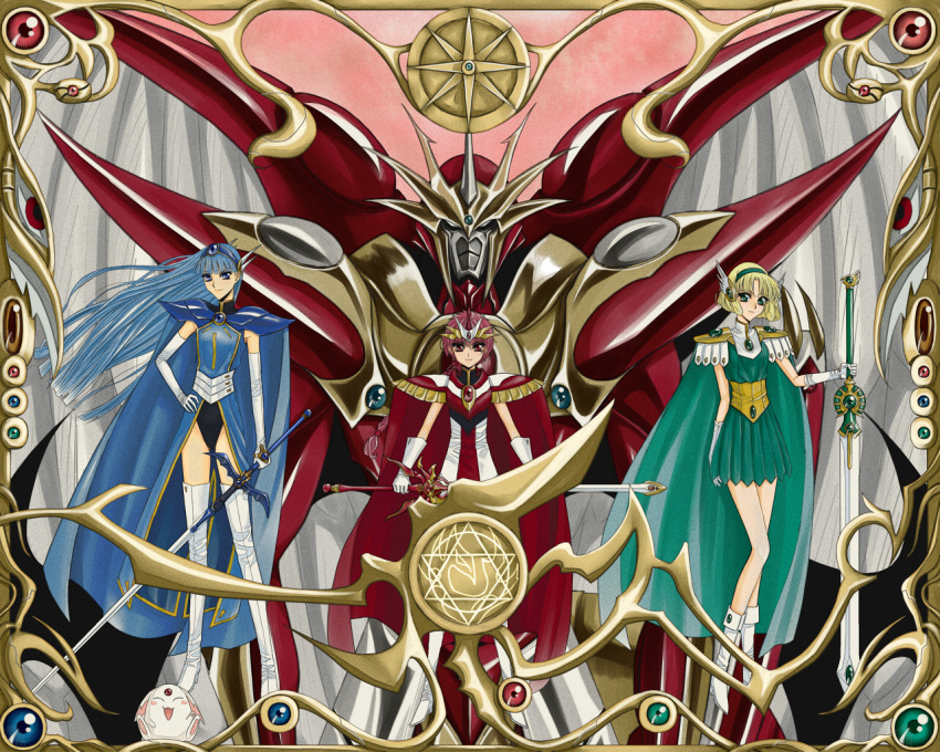 armor, armored_dress, border, dress, epaulettes, hexagram, hououji_fuu, juliettefwong, magic_knight_rayearth, mecha, mokona, multiple_girls, rayearth, ryuuzaki_umi, shidou_hikaru, spoilers, sword, weapon