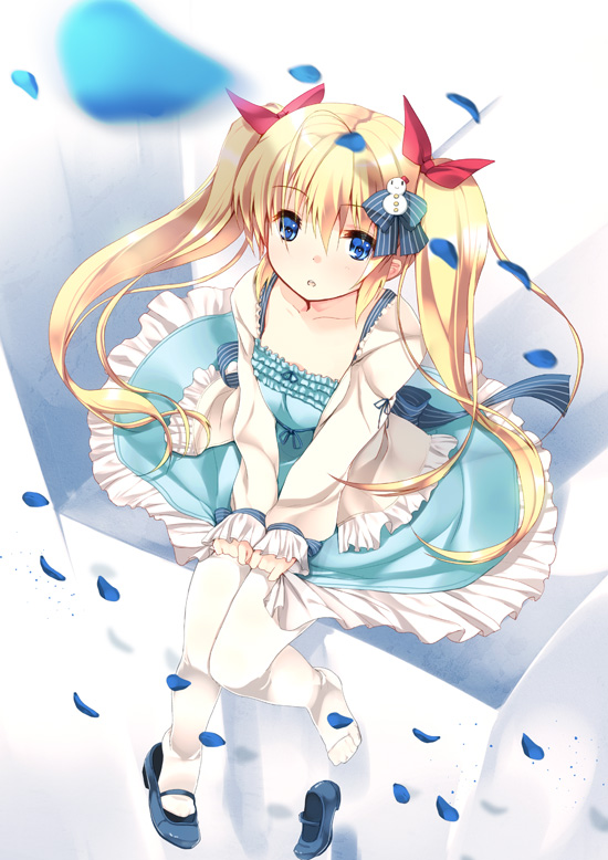 blue_eyes, cardigan, dress, hair_ribbon, haru_made_kururu, pantyhose, petals, refeia
