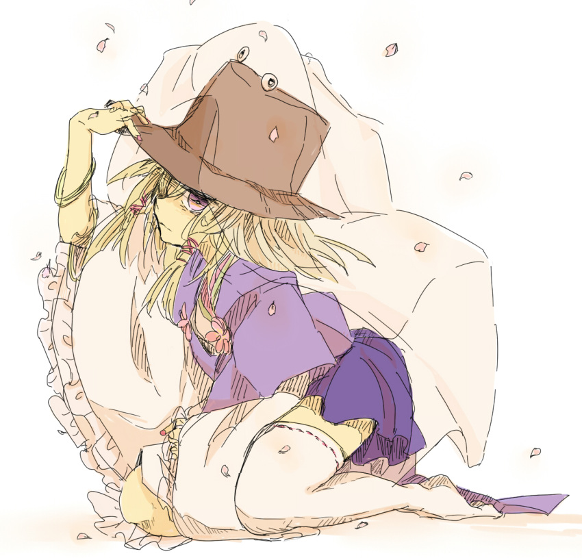 blonde_hair, bracelet, hat, jewelry, moriya_suwako, no_shoes, payot, petals
