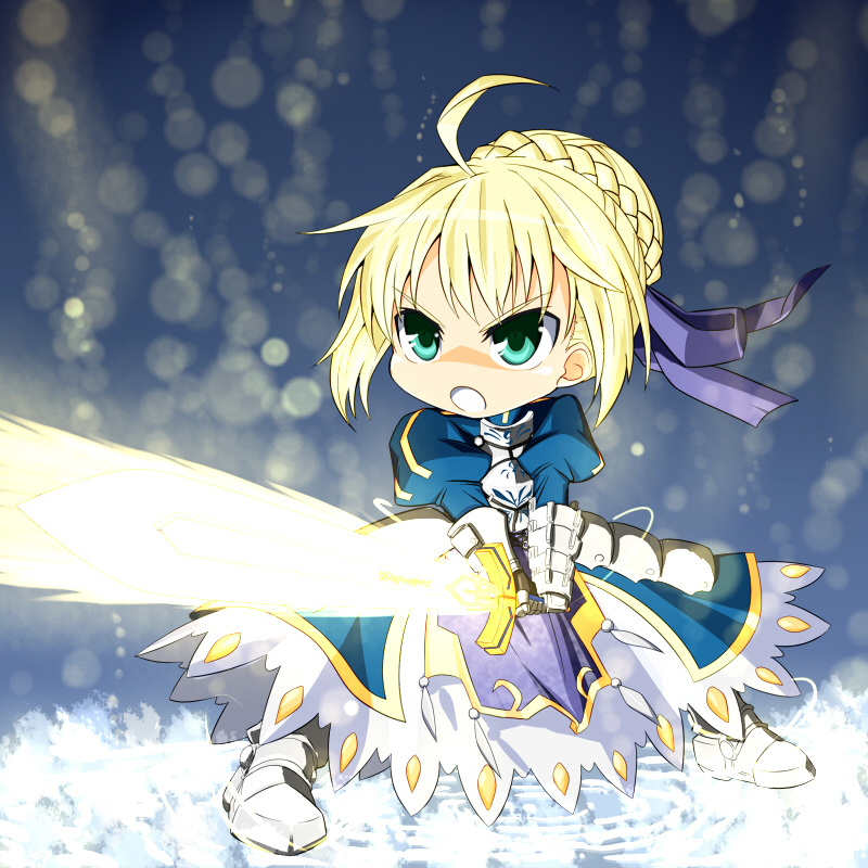 :o, ahoge, armor, armored_dress, blonde_hair, chibi, dress, excalibur