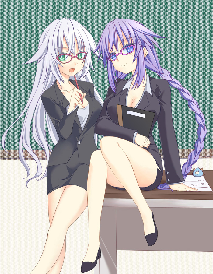 2girls, :d, alternate_costume, bespectacled, black_heart, blue_eyes, braid, breasts