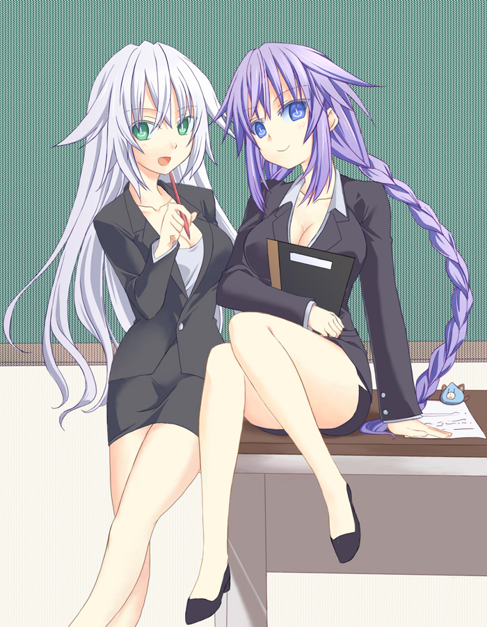 2girls, :d, alternate_costume, black_heart, blue_eyes, braid, breasts, choujigen_game_neptune