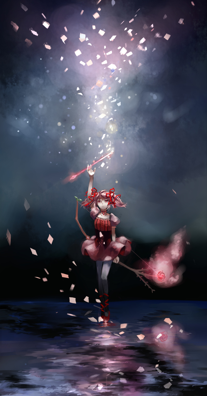 absurdres, alternate_costume, arrow, bow_(weapon), flower, hair_ribbon, highres, kaname_madoka, magical_girl, mahou_shoujo_madoka_magica, mr._krab, pink_eyes, pink_hair, ribbon, short_twintails, solo, twintails, water, weapon