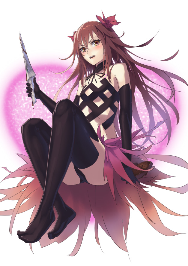 bare_shoulders, black_legwear, blush, brown_eyes, brown_hair, cybele_(lord_of_vermilion), elbow_gloves, flower
