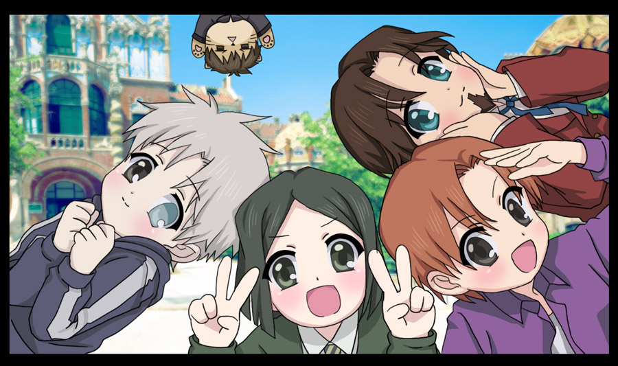 black_eyes, blush, bob_cut, brown_hair, cat, double_v, facial_hair, fate/zero, fate_(series), goatee, green_eyes, green_hair, hands_on_own_face, heterochromia, hoodie, htpmf018, kotomine_kirei, male, matou_kariya, multiple_boys, orange_hair, parody, style_parody, tantei_opera_milky_holmes, tohsaka_tokiomi, toosaka_tokiomi, uryuu_ryuunosuke, v, waver_velvet, white_hair