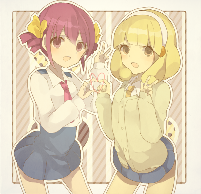 blush, heart, heart_hands, heart_hands_duo, hoshizora_miyuki, kise_yayoi, miseinen, multiple_girls