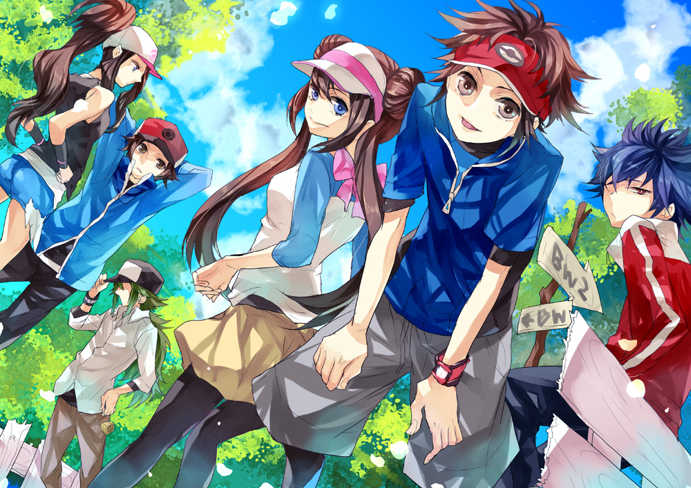 bare_shoulders, baseball_cap, blue_eyes, blue_hair, brown_eyes, brown_hair, cloud, clouds