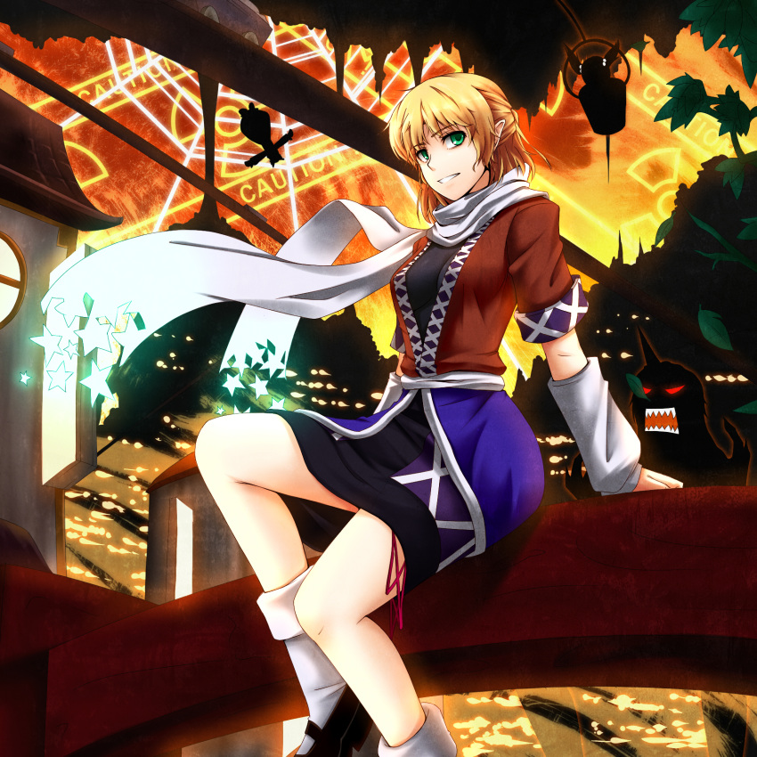 arm_warmers, blonde_hair, bucket, building, dissolving_clothes, gayprince, glowing, glowing_eyes