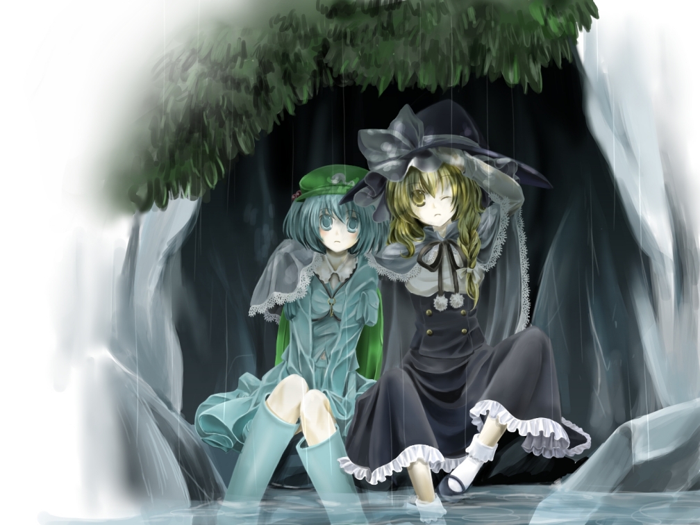 kawashiro_nitori, kirisame_marisa, momoiro, multiple_girls, rain, touhou, water