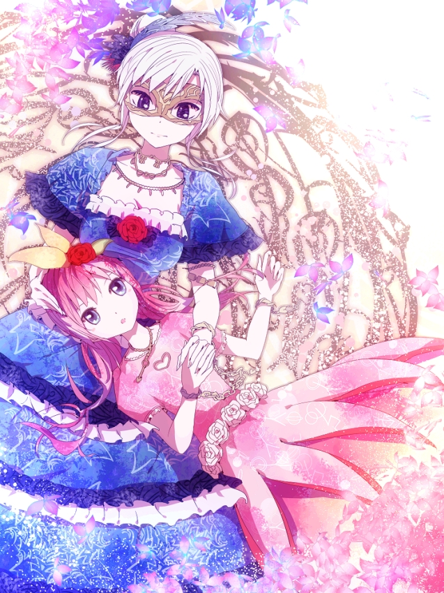 arsene, bracelet, breasts, domino_mask, dress, flower, hair_flower, hair_ornament