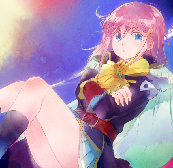 blue_eyes, cape, coat, cravat, crossed_arms, female, frown, hair_ornament