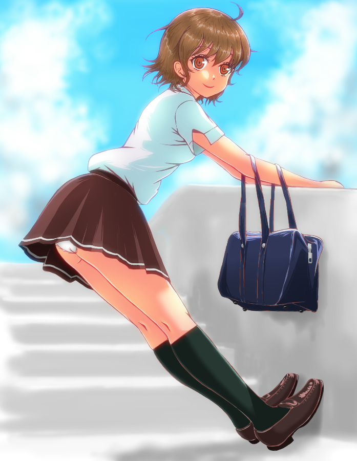 ahoge, bag, brown_eyes, brown_hair, denpa_onna_to_seishun_otoko, mifune_ryuuko, panties, pantyshot, pleated_skirt, school_uniform, short_hair, skirt, smile, solo, stairs, tondabayashi, underwear, wall, white_panties