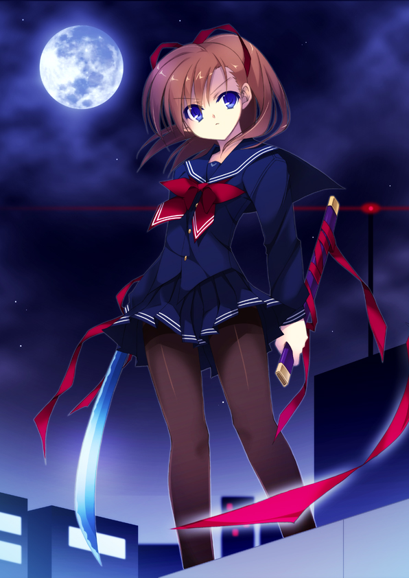 aura, bad_id, black_legwear, blue_eyes, blue_moon, boon, brown_hair, cityscape, copyright_request, full_moon, katana, kobayashi_chisato, miniskirt, moon, night, night_sky, pantyhose, ribbon, school_uniform, serafuku, skirt, sky, sword, weapon