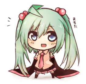 :d, aqua_hair, bare_shoulders, blue_eyes, chibi, detached_sleeves, fang, hair_bobbles, hair_ornament, hatsune_miku, long_hair, lowres, necktie, open_mouth, petite_miku, skirt, smile, solo, standing, tosura-ayato, translated, translation_request, twintails, vocaloid