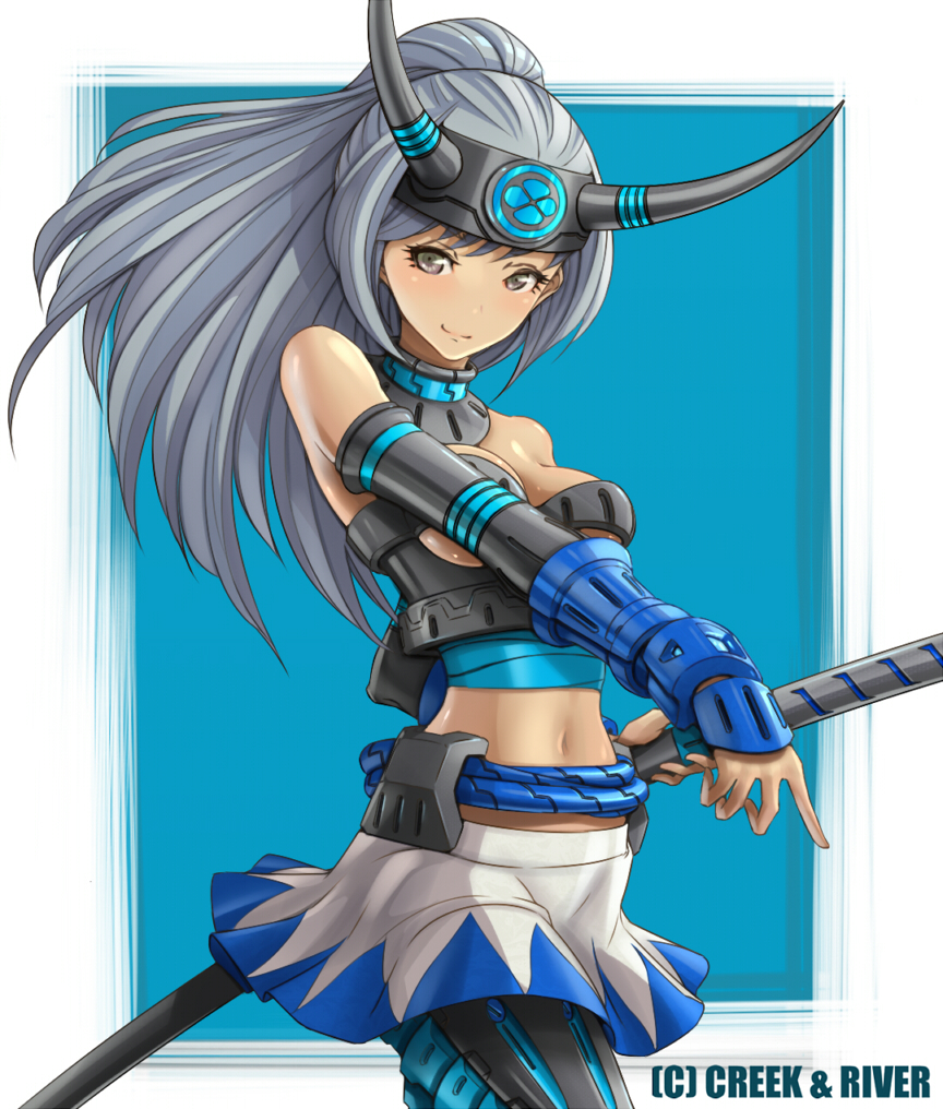 armor, belt, brown_eyes, copyright_request, grey_hair, headband, hirobee, horns