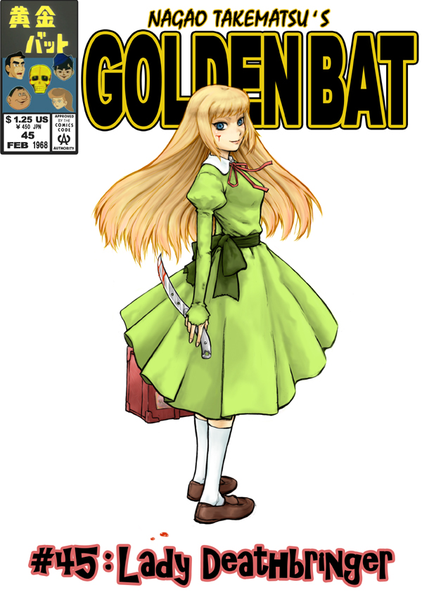 blonde_hair, blood, blue_eyes, cover, dokono_dareo, dr._yamatone, dress, fake_cover, footwear, green_dress, knife, light_smile, loafers, long_hair, looking_at_viewer, looking_back, marie_millet, oldschool, ougon_bat, ougon_bat_(character), parano_(pixiv2588278), parody, peggy_(ougon_bat), scar, shoes, socks, standing, style_parody, trunk, white_background, yamatone_takeru