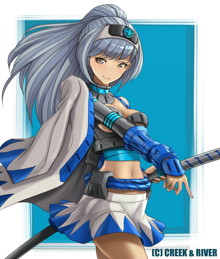 armor, belt, brown_eyes, copyright_request, grey_hair, headband, hirobee, long_hair, midriff, navel, original, science_fiction, sheath, sheathed, shirt_on_shoulders, skirt, solo, sword, weapon