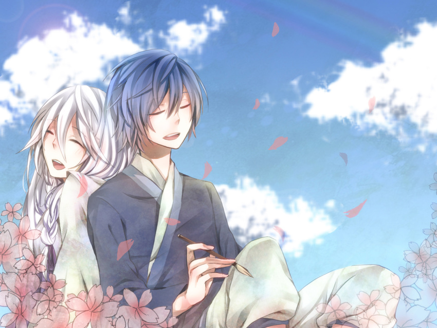 1girl, back-to-back, blue_hair, braid, calligraphy_brush, closed_eyes, eyes_closed, ia_(vocaloid), japanese_clothes, kaito, long_hair, open_mouth, paintbrush, pink_hair, short_hair, sky, smile, twin_braids, vocaloid, yuma_(artist)